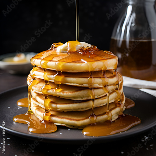 Fluffy Pancake Stack with Syrup Drizzled On © Rendiero
