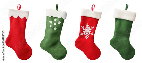 Red and green Christmas stocking, sock isolated on transparent background. New Year holidays.