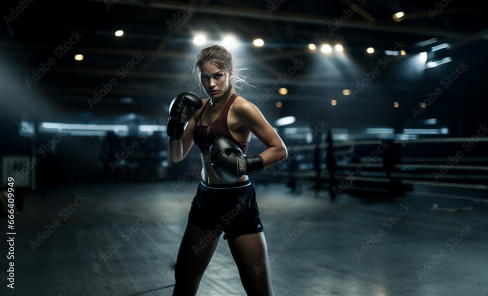 Young blonde caucasian woman boxer before competing in a ring Young blonde caucasian woman boxer before competing in a ring