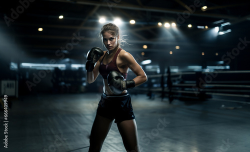 Young blonde caucasian woman boxer before competing in a ring