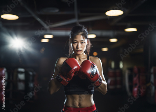 Portrait of an Asian female boxer in a gym