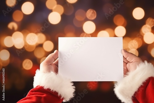 santa claus hand hold blank paper photo