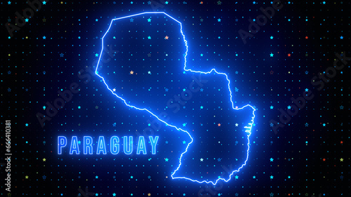 Futuristic Blue Shine Paraguay Outline Map And Label Text Glowing Neon Light With Stars Sparkle Grid Background