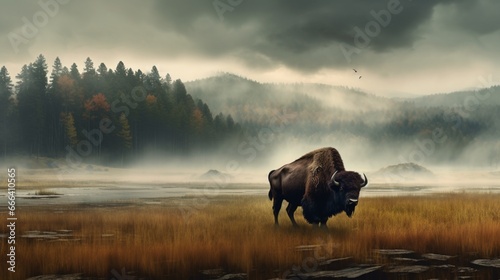 buffalo in the morning mist