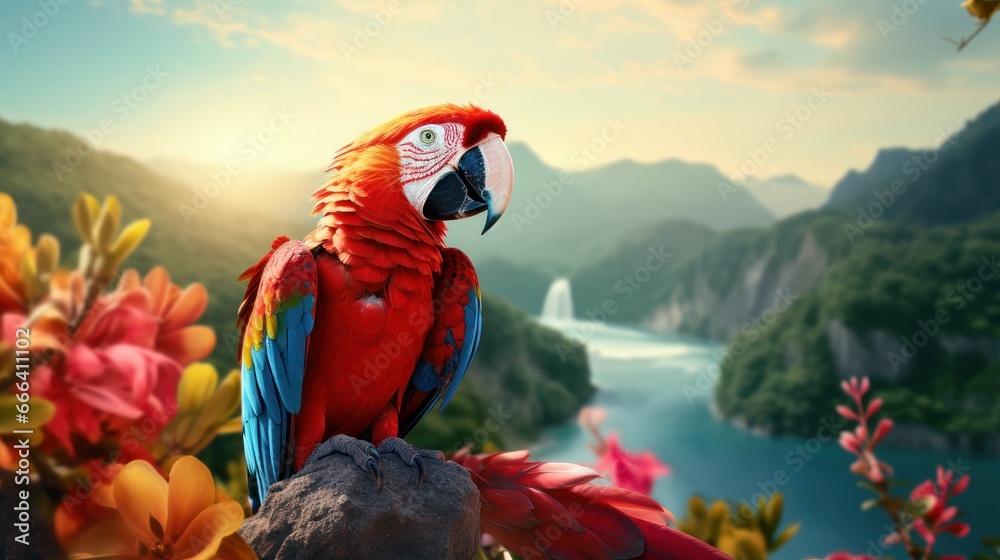 Scarlet macaw Ara macao on beautiful amazon forest background, Red and Blue Neotropical parrot native to humid evergreen forests of the Americas - obrazy, fototapety, plakaty 