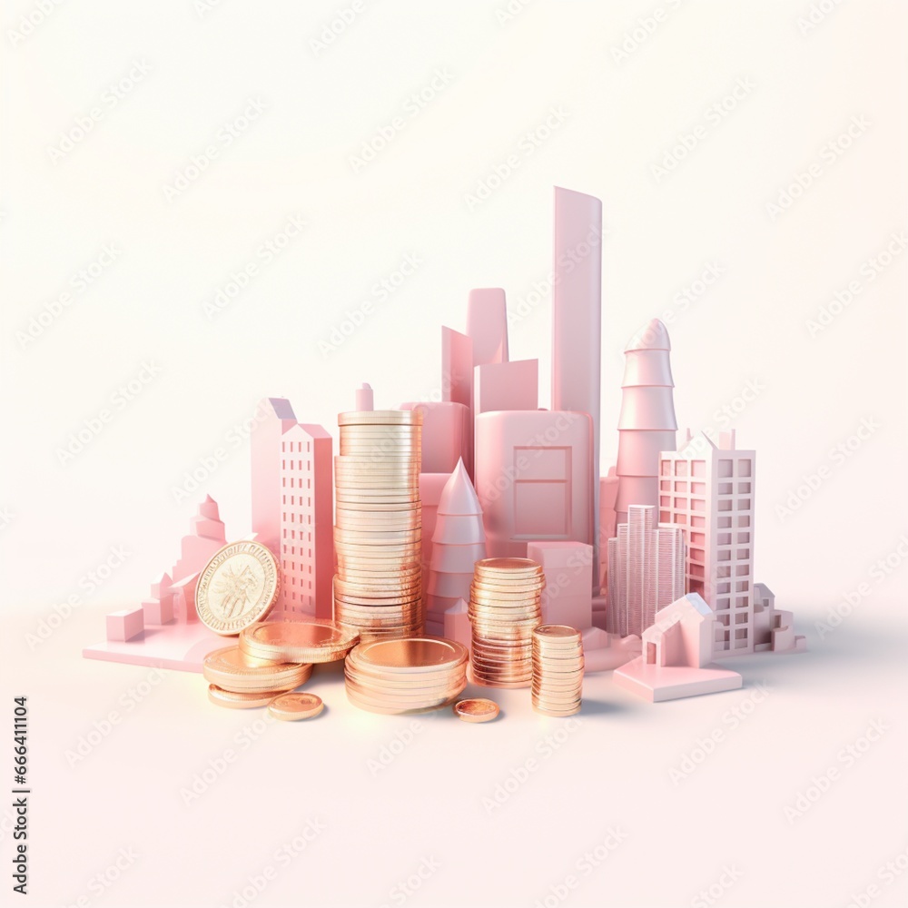 Sky scraper and stack of coins, Pastel background. 3D rendering. Financial and investment business concepts Sky scraper and stack of coins, Pastel background. 3D rendering. Financial and investment business concepts