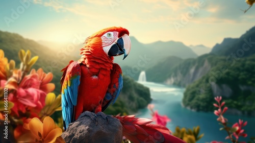 Scarlet macaw Ara macao on beautiful amazon forest background  Red and Blue Neotropical parrot native to humid evergreen forests of the Americas