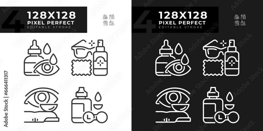 Fototapeta premium 2D pixel perfect light and dark icons set representing eye care, editable thin linear illustration.