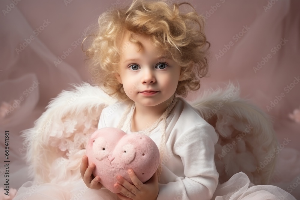 A cute little boy with curly blonde hair dressed as a cupid with feathery white wings on a pink backdrop A cute little boy with curly blonde hair dressed as a cupid with feathery white wings on a pink backdrop