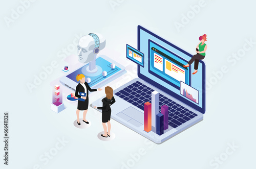 Modern Isometric artificial intelligence robot learning illustration, Web Banner, Suitable for Diagrams, Infographics, Book Illustrations, Game Assets and Other Graphic Related Assets