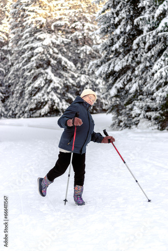 Senior elderly woman training Nordic walking with ski trekking poles in a snowy forest.Active rest outdoors of mature people.Healthy lifestyle concept.
