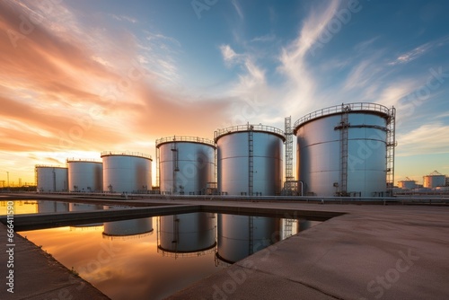 Tank farm with rows of oil storage tanks.