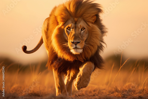 Running lion in the savannah at sunset