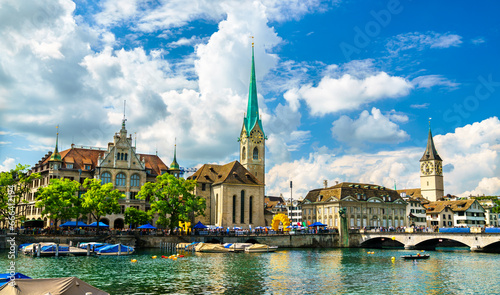 Zurich with Fraumunster Church at the Limmat River in Switzerland photo