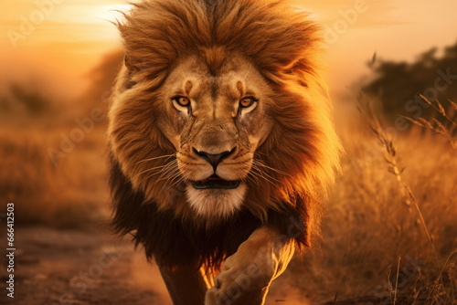 Running lion in the savannah at sunset