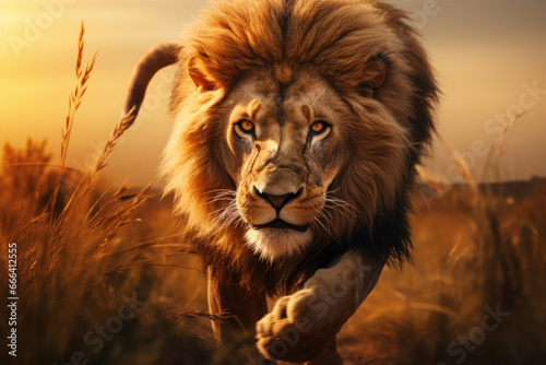 Running lion in the savannah at sunset © Veniamin Kraskov