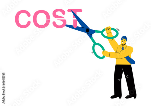 Businessman cutting cost. Cost reduction, cost cutting and efficiency concept. Flat vector illustration isolated on white background