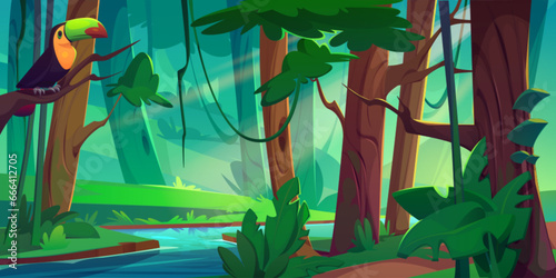 Jungle forest with winding river and toucan on wood branch. Cartoon vector of rainforest landscape with green trees and hanging vines, bushes and grass on riversides. Summer tropical scenery.