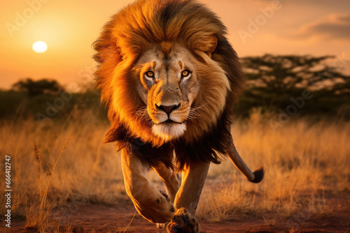 Running lion in the savannah at sunset