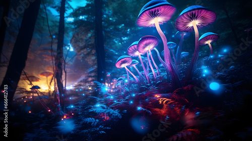 Mystical Glowing Mushrooms in a Magical Forest at Dusk.