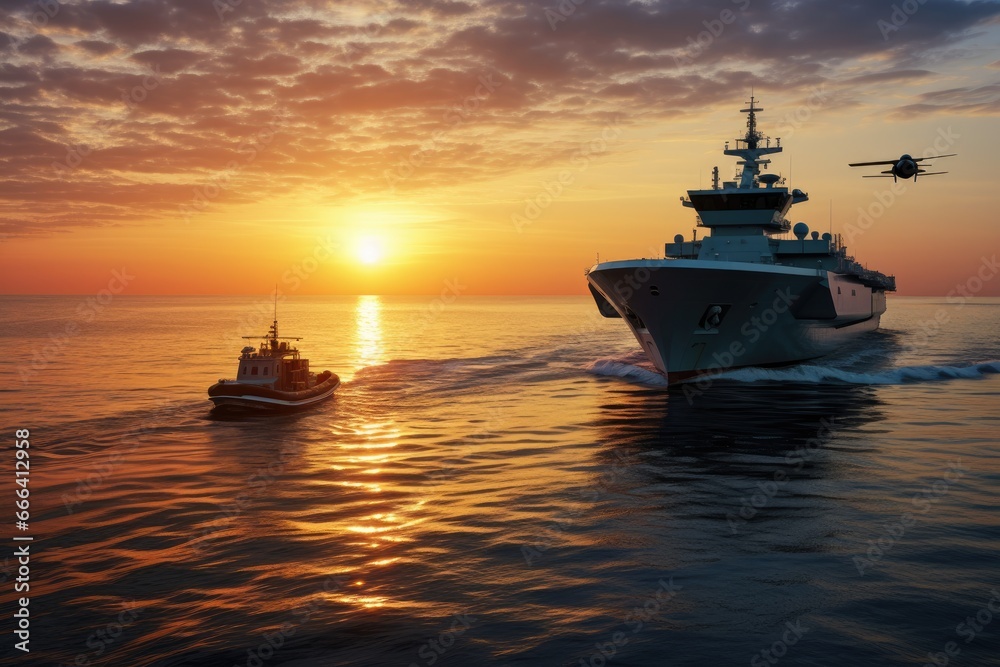 Water drone near a large military ship Water drone near a large military ship