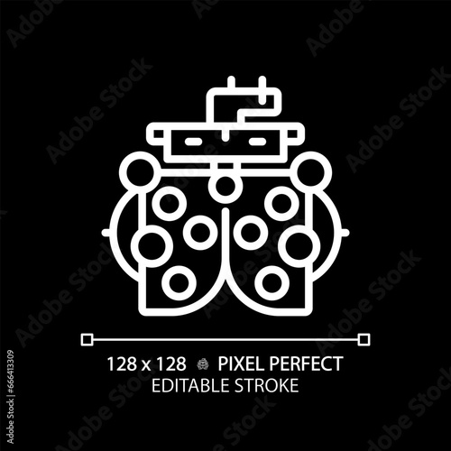 2D pixel perfect editable white phoropter icon, isolated vector, thin line illustration representing eye care.