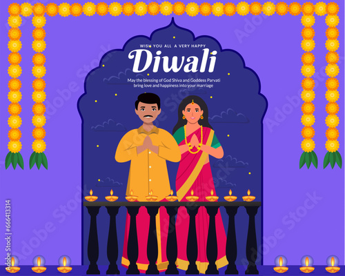 Indian family celebrate Diwali festival with decorated house with light and Diya.