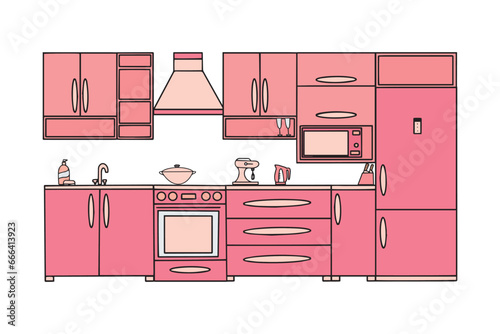 Pink kitchen set with built-in appliances. Pink toy kitchen kitchen design. Vector illustration. Vector 