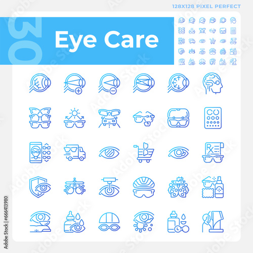 Pixel perfect gradient icons set representing eye care, thin line illustration.