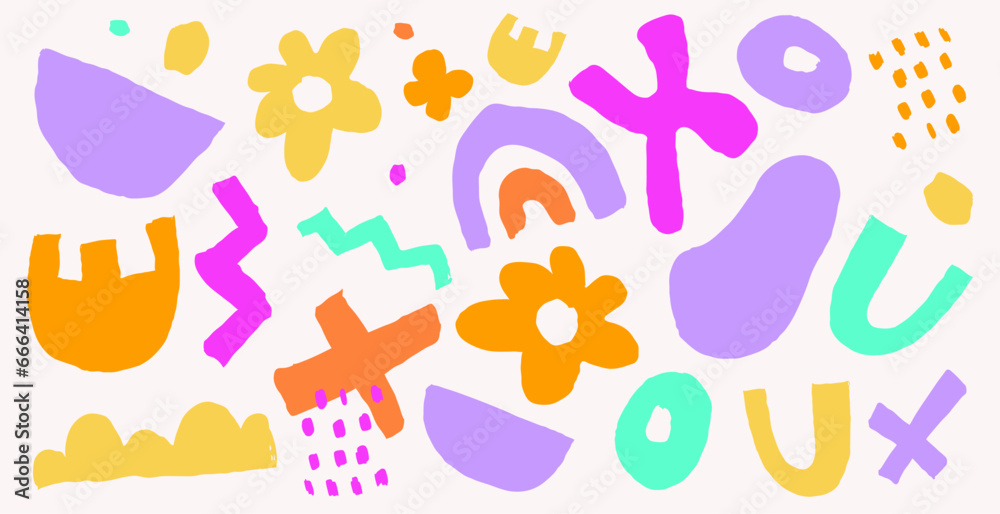 Naive groovy abstract shapes set. Brutal contemporary figure star oval wave patterns. Swiss design aesthetic. Geometric posters in trendy retro brutalist design style Naive groovy abstract shapes set. Brutal contemporary figure star oval wave patterns. Swiss design aesthetic. Geometric posters in trendy retro brutalist design style