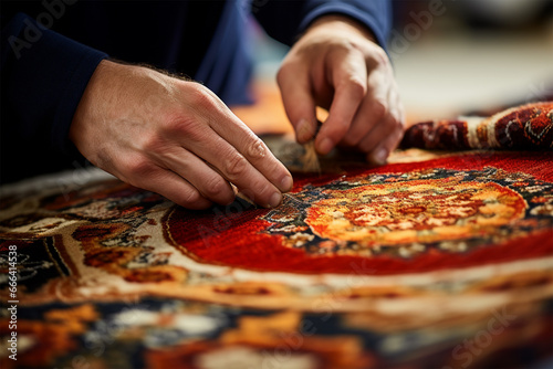 close-up of the hands of a master restoring an old carpet. Restoring damaged old rug. historical and modern crafts. 