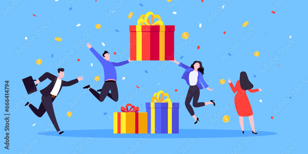 Earn loyalty program points, get online reward and gifts. Get loyalty card and customer service business concept flat design vector illustration. Tiny people won big gift box prize.