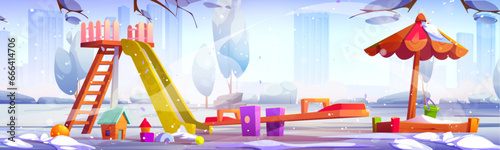 Playground in winter with sandbox and toys, seesaw swing and a children slide covered with snow. Cartoon vector wintry landscape of city park with kid play and sport equipment. Daycare amusement area.