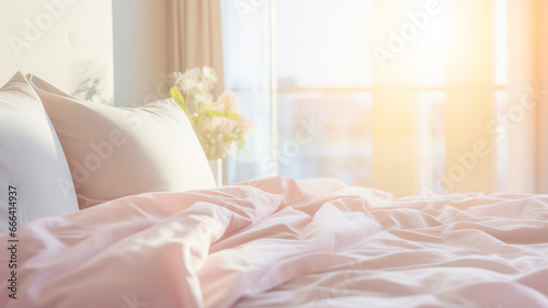 Pink bedding sheets and pillow background, Messy bed concept