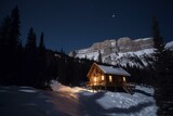 a mountain cabin with a snowy backdrop and a moonlit sky. Generative AI