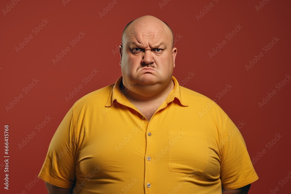 Depressed overweight man standing in modern studio, Portrait of tried chubby man Depressed overweight man standing in modern studio, Portrait of tried chubby man