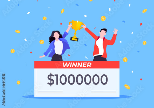 Happy lottery winners with big prize paycheck. Fortune lottery or casino gambling lucky games concept flat style design vector illustration. People jumps in the air with trophy cup.