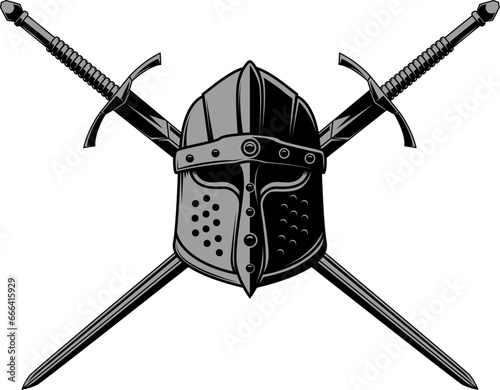 Illustration of knight's helmet and crossed swords. Knight's swords. Design element for emblems, sign, banner. Vector illustration