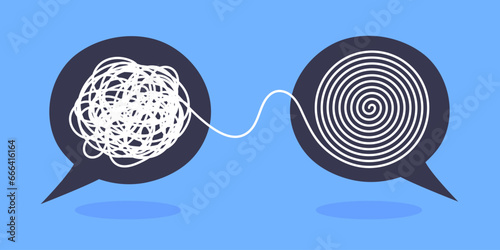 Psychologist consulting or mental problem solving brainstorm concept. Two speech bubbles conversation icons with line scribbles. Coach, mentoring psychotherapy. Complex to simple mind concept.
