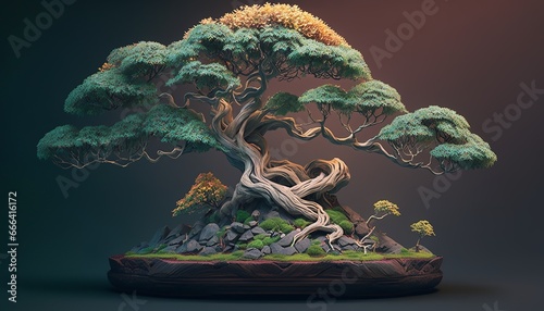 little bonsai tree with wide spreaded treecrown meditation design illustration