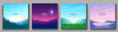 A set of polygonal banners. Night scene  mountains  forest and valley  sunset on the lake. Design for poster  background  greeting card  cover. Vector illustration.