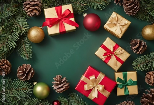 Christmas composition. Frame of Christmas gifts  pine branches  toys background. Flat layout  top view