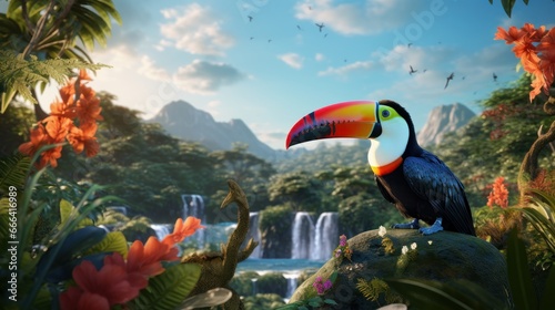 Tucan ramphastos toco on beautiful amazon forest background, Ramphastidae in a rainforest of the Americas