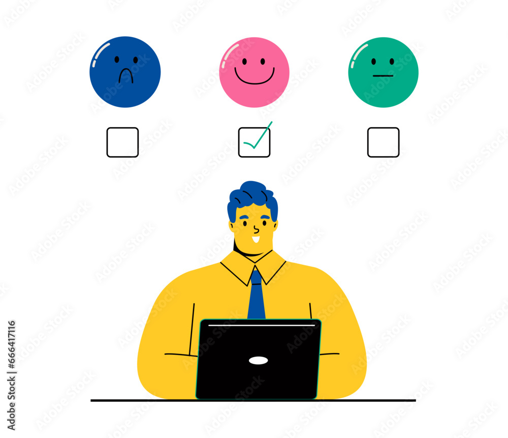 Business man choosing face emoticon on the laptop. Customer service evaluation concept. Flat vector illustration isolated on white background