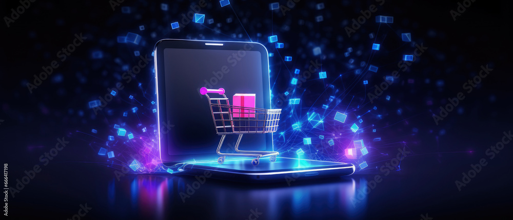 Cyber Monday shopping cart trolley and mobile phone for website banner online shopping concpet