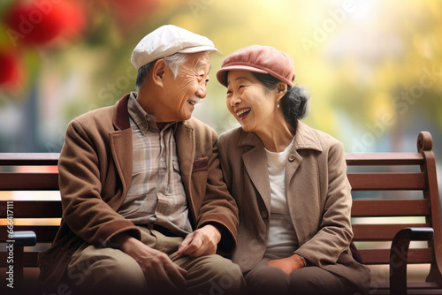 An elderly couple of oriental appearance, Asians, a man and a woman, a bench in the park. Enjoy life. Date. Elderly Asian old people. Relationships in old age. Love and romance. © Anoo
