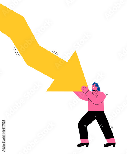 Financial crisis. Business woman pushing falling down arrow with full effort. Flat vector illustration isolated on white background
