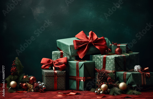 Elegant Christmas Presents on Green Background