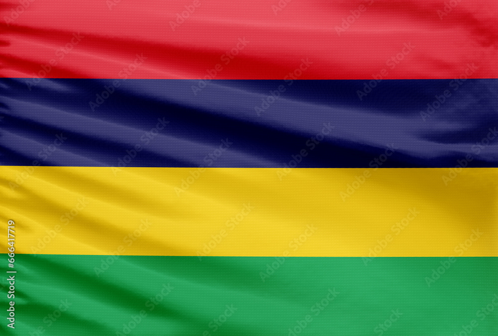 Obraz premium Mauritius flag background is depicted on a sport stitch cloth fabric with folds.