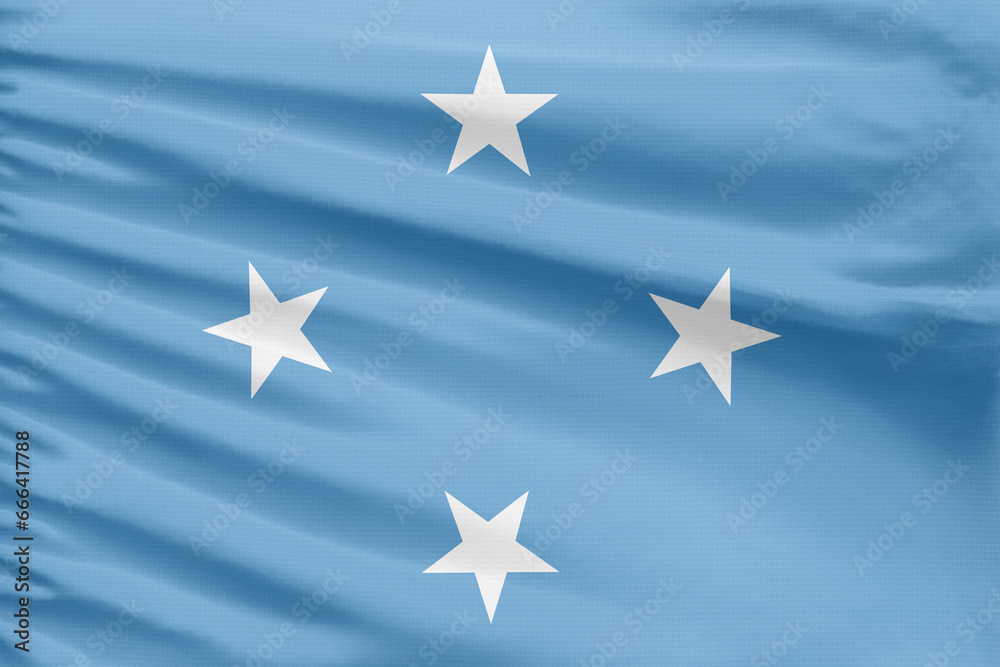 Fototapeta premium Micronesia flag background is depicted on a sport stitch cloth fabric with folds.
